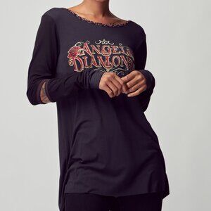 Women's Vintage Bling Angels & Diamonds Long Sleeve Wide Hem Top
